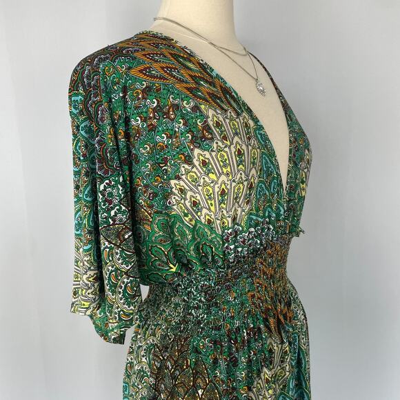 Y2K Mini Dress Green Geometric Print Babydoll Fairy Grunge Stretch Casual Boho - Picture 6 of 14